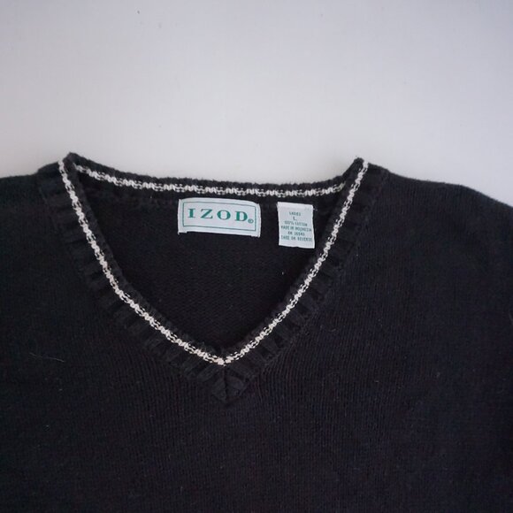 IZOD Black Cotton Multi Stripe Fair Isle Knit V Neck Sweater Winter Casual L - Picture 8 of 8